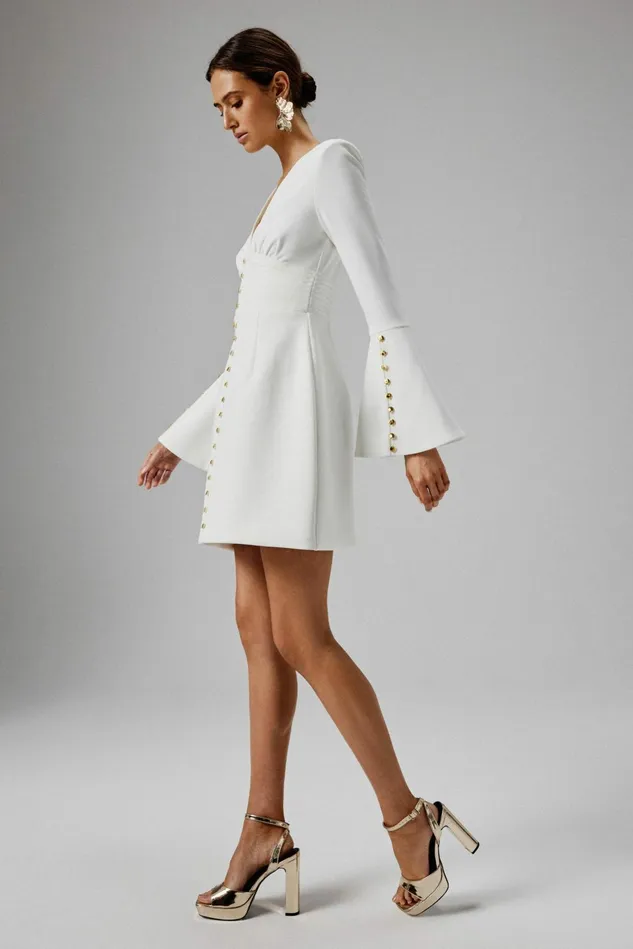 Lavish Alice ALine Dresses LARA Fluted Sleeve Micro Shell Button Mini Dress In White White 8211 Women
