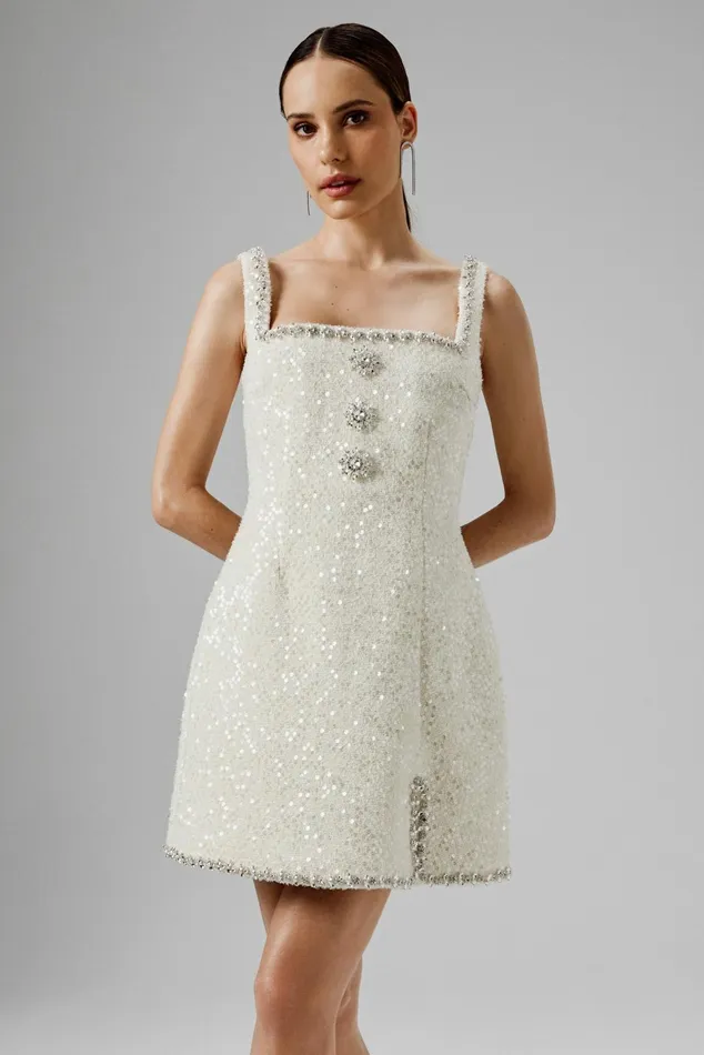 Lavish Alice ALine Dresses ZOEY Embellished Boucle Tulip Mini Dress In Beige Beige 8211 Women