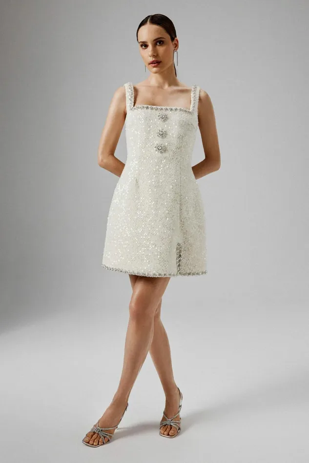 Lavish Alice ALine Dresses ZOEY Embellished Boucle Tulip Mini Dress In Beige Beige 8211 Women