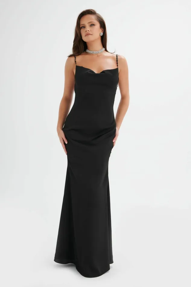 Lavish Alice Backless Dresses DEMI Cowl Neck Satin Maxi Dress With Pearl Straps In Black Black 8211 Women