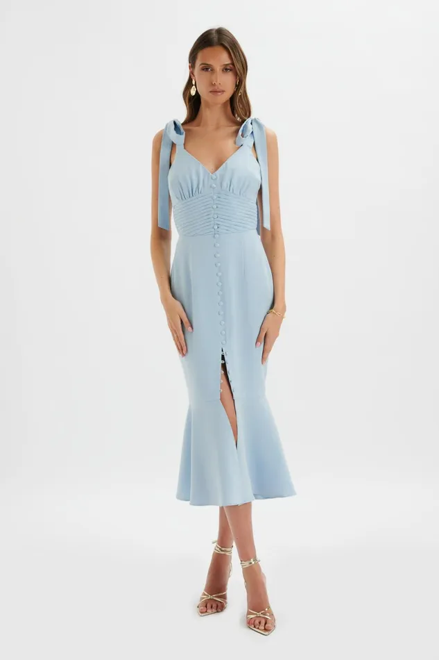 Lavish Alice Bodycon Dresses KAMILA Tie Strap Micro Button Midi Dress In Deep Corn Flower Blue Deep Corn Flower Blue 8211 Women