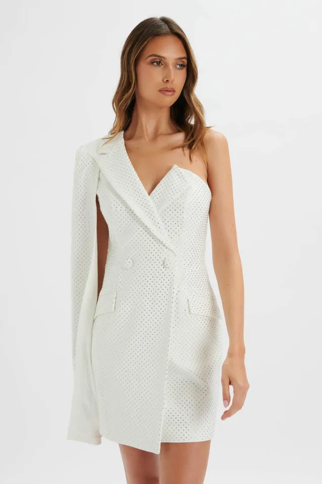 Lavish Alice Cape Dresses MARCY Crystal Embellished One Shoulder Cape Blazer Dress In White White 8211 Women Lavish Alice Cape Dresses MARCY Crystal Embellished One Shoulder Cape Blazer Dress In White White 8211 Women