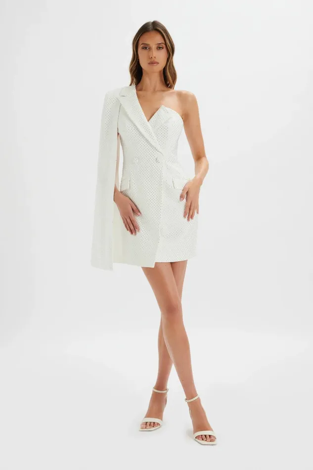 Lavish Alice Cape Dresses MARCY Crystal Embellished One Shoulder Cape Blazer Dress In White White 8211 Women Lavish Alice Cape Dresses MARCY Crystal Embellished One Shoulder Cape Blazer Dress In White White 8211 Women