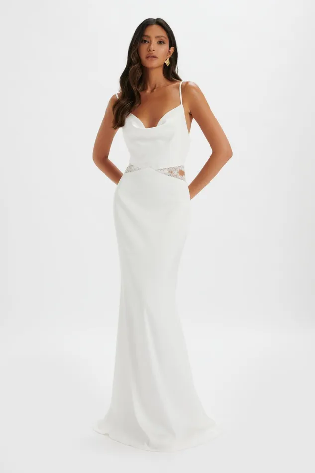 Lavish Alice CowlNeck Dresses MAY Lace Insert Satin Maxi Dress In White Max White 8211 Women Lavish Alice CowlNeck Dresses MAY Lace Insert Satin Maxi Dress In White Max White 8211 Women