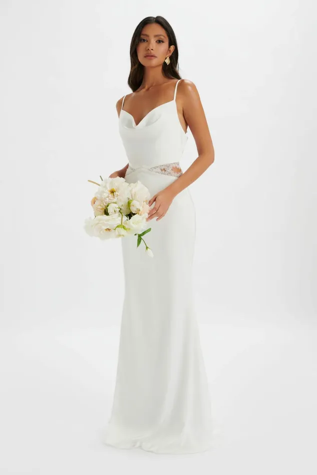 Lavish Alice CowlNeck Dresses MAY Lace Insert Satin Maxi Dress In White Max White 8211 Women