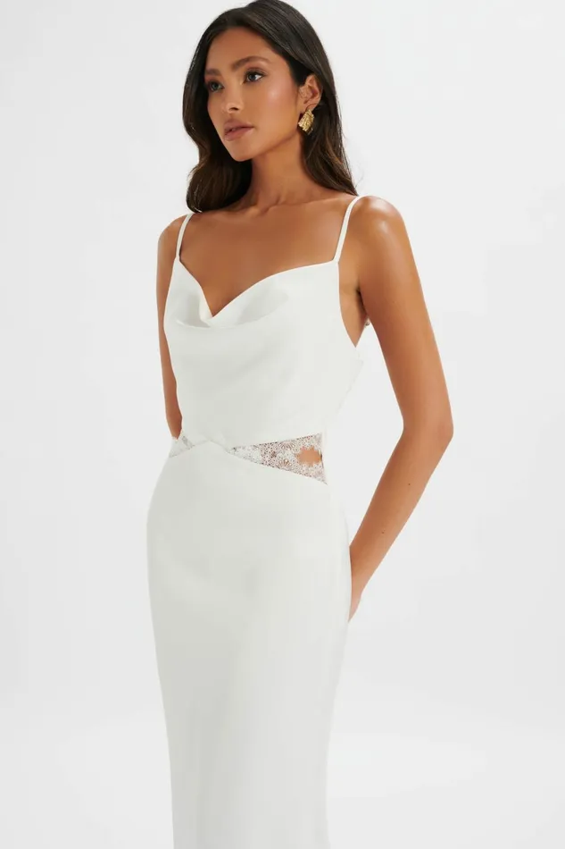 Lavish Alice CowlNeck Dresses MAY Lace Insert Satin Maxi Dress In White Max White 8211 Women