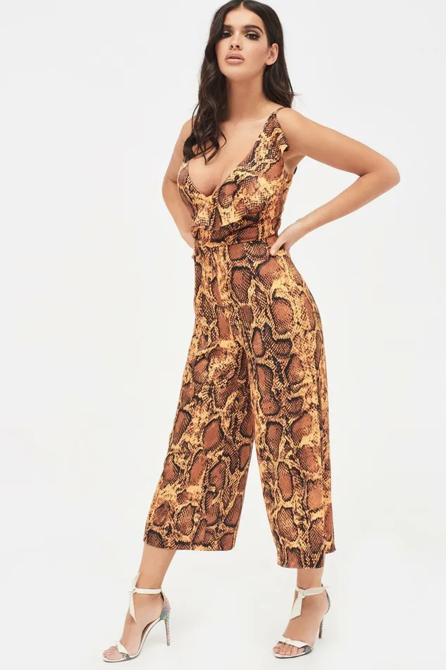 Lavish Alice Jumpsuits and Playsuits NORA Satin Frill Wrap Culotte Jumpsuit In Golden Yellow Snake Print Golden Yellow Snake Print 8211 Women Lavish Alice Jumpsuits and Playsuits NORA Satin Frill Wrap Culotte Jumpsuit In Golden Yellow Snake Print Golden Yellow Snake Print 8211 Women