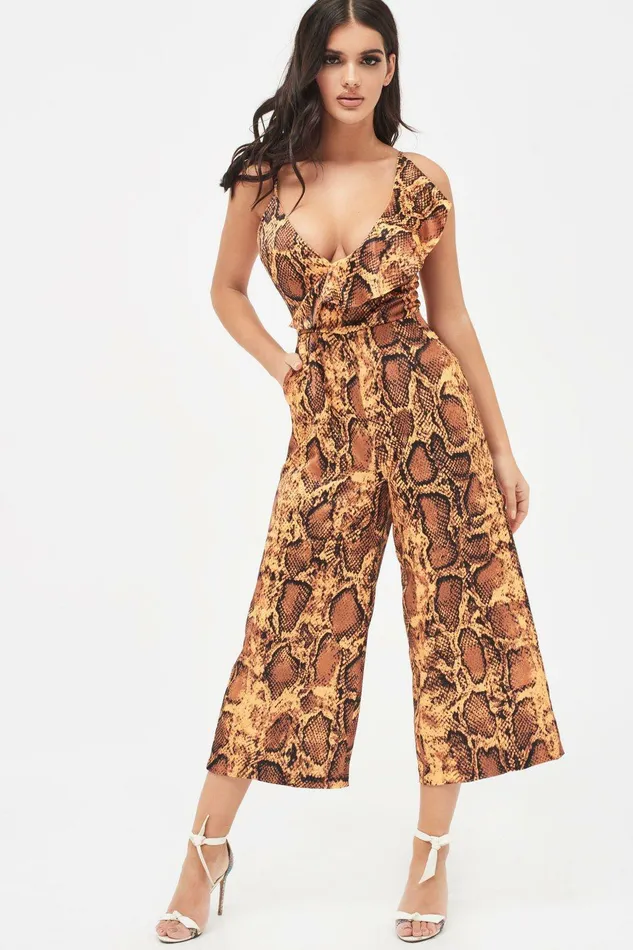 Lavish Alice Jumpsuits and Playsuits NORA Satin Frill Wrap Culotte Jumpsuit In Golden Yellow Snake Print Golden Yellow Snake Print 8211 Women