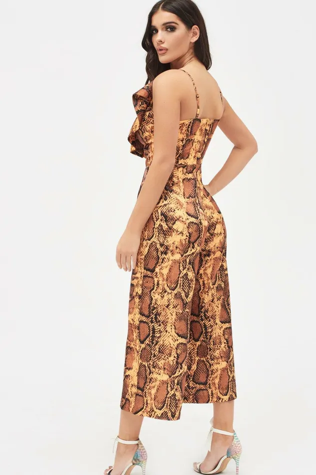 Lavish Alice Jumpsuits and Playsuits NORA Satin Frill Wrap Culotte Jumpsuit In Golden Yellow Snake Print Golden Yellow Snake Print 8211 Women