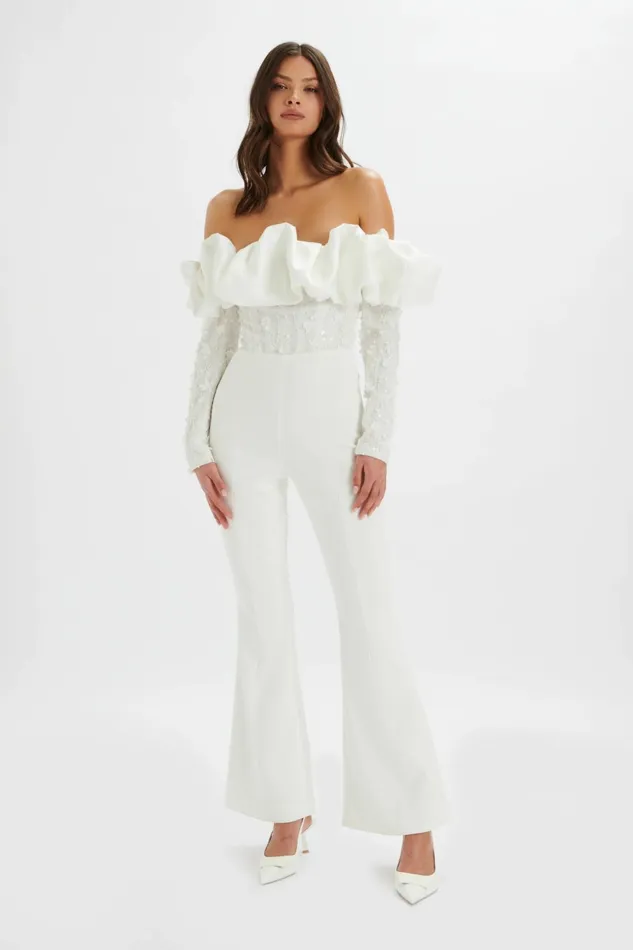 Lavish Alice Jumpsuits and Playsuits TALLULAH 3D Embroidered Satin Puff Jumpsuit In White White 8211 Women