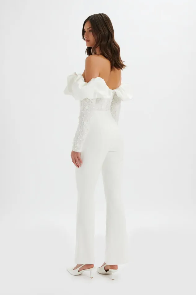 Lavish Alice Jumpsuits and Playsuits TALLULAH 3D Embroidered Satin Puff Jumpsuit In White White 8211 Women