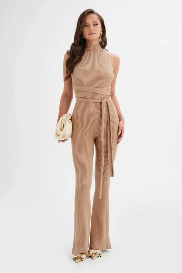 Lavish Alice Jumpsuits and Playsuits TAMARA Knitted Ribbed Open Back Jumpsuit In Camel Camel 8211 Women Lavish Alice Jumpsuits and Playsuits TAMARA Knitted Ribbed Open Back Jumpsuit In Camel Camel 8211 Women