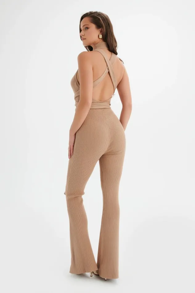 Lavish Alice Jumpsuits and Playsuits TAMARA Knitted Ribbed Open Back Jumpsuit In Camel Camel 8211 Women