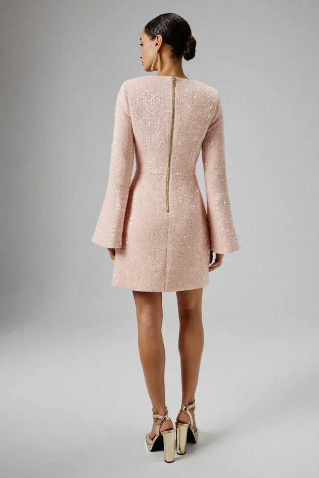 Lavish Alice LongSleeve Dresses BELLA Sequin Boucle Micro Rose Button Mini Dress In Pink Pink 8211 Women