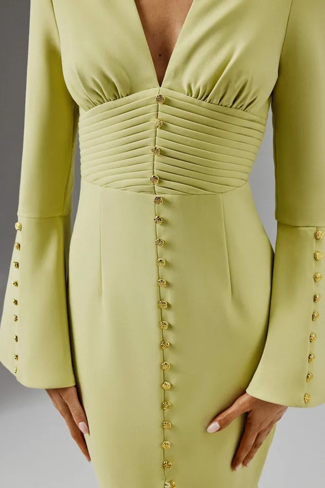 Lavish Alice LongSleeve Dresses SALMA Fluted Sleeve Micro Rose Button Midi Dress In Lime Green Lime Green 8211 Women