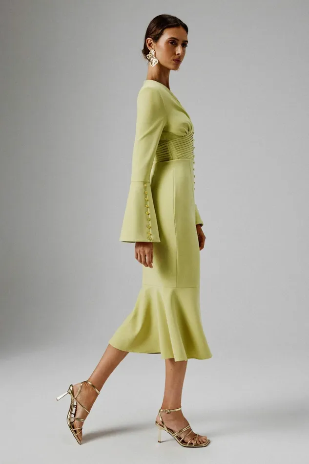 Lavish Alice LongSleeve Dresses SALMA Fluted Sleeve Micro Rose Button Midi Dress In Lime Green Lime Green 8211 Women