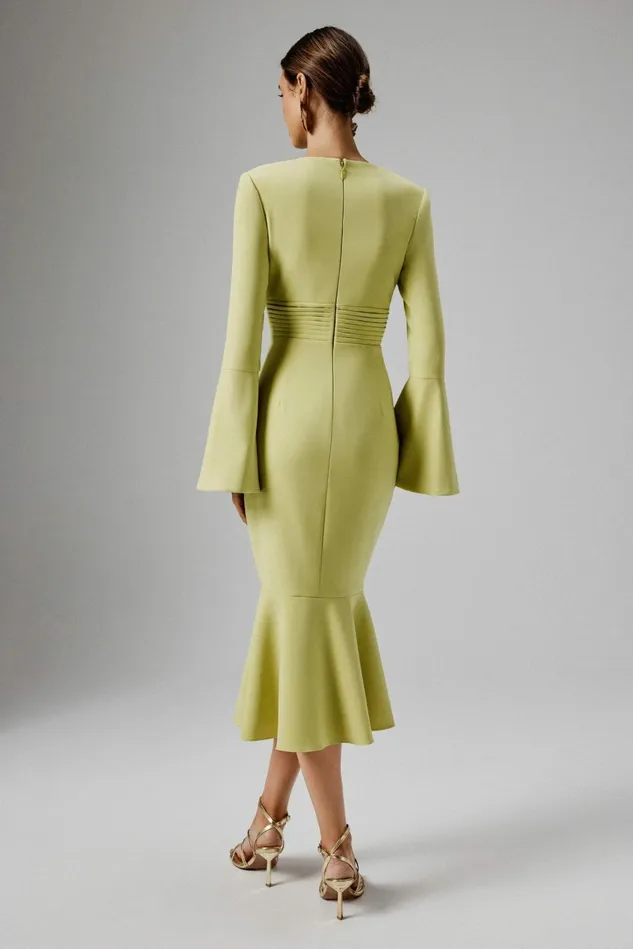 Lavish Alice LongSleeve Dresses SALMA Fluted Sleeve Micro Rose Button Midi Dress In Lime Green Lime Green 8211 Women