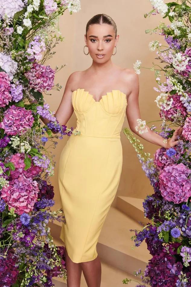 Lavish Alice Off The Shoulder and Bardot CHARLOTTE Pleated Bust Corset Midi Dress In Yellow Yellow 8211 Women