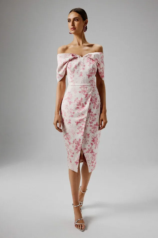 Lavish Alice Off The Shoulder and Bardot HARLEEN Draped Bardot Bonded Satin Midi Dress In Pink Porcelain Pink Porcelain 8211 Women Lavish Alice Off The Shoulder and Bardot HARLEEN Draped Bardot Bonded Satin Midi Dress In Pink Porcelain Pink Porcelain 8211 Women
