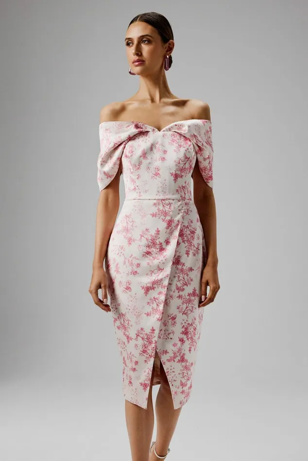 Lavish Alice Off The Shoulder and Bardot HARLEEN Draped Bardot Bonded Satin Midi Dress In Pink Porcelain Pink Porcelain 8211 Women