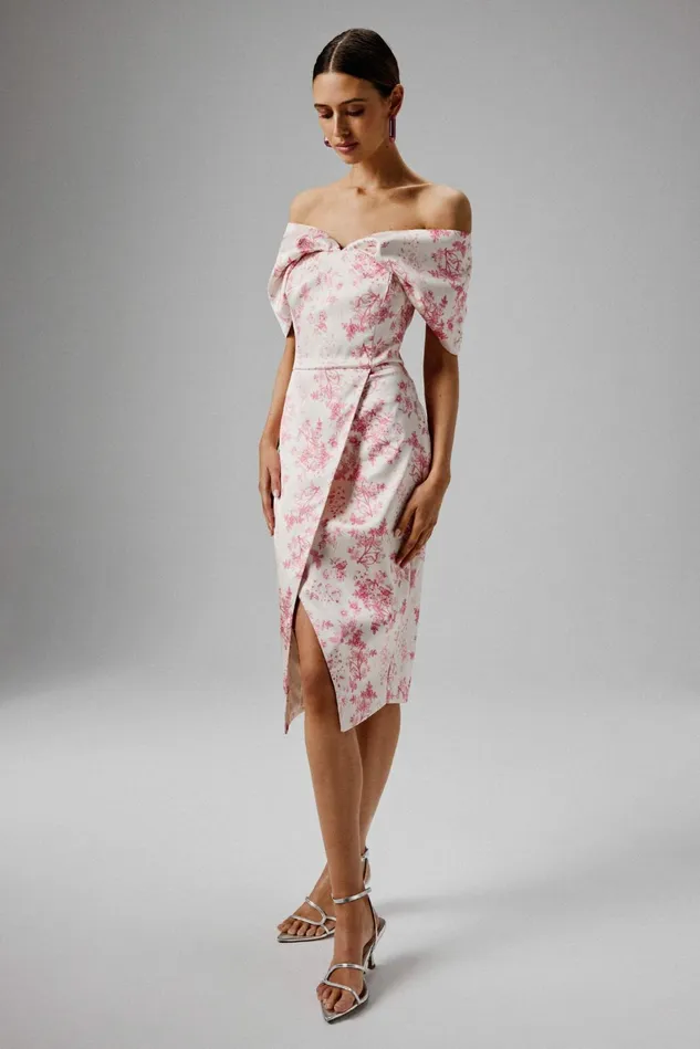 Lavish Alice Off The Shoulder and Bardot HARLEEN Draped Bardot Bonded Satin Midi Dress In Pink Porcelain Pink Porcelain 8211 Women