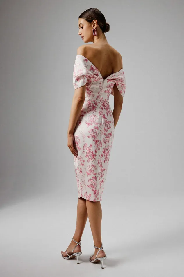 Lavish Alice Off The Shoulder and Bardot HARLEEN Draped Bardot Bonded Satin Midi Dress In Pink Porcelain Pink Porcelain 8211 Women