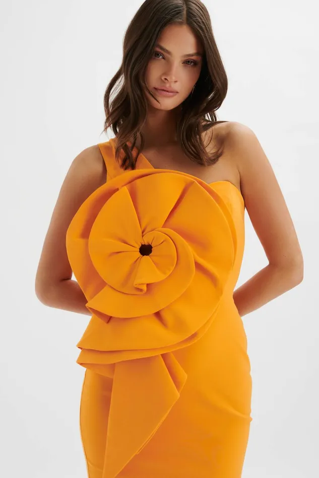 Lavish Alice Off The Shoulder and Bardot NOLA 3D Statement Ruffle Midi Dress In Papaya Papaya 8211 Women