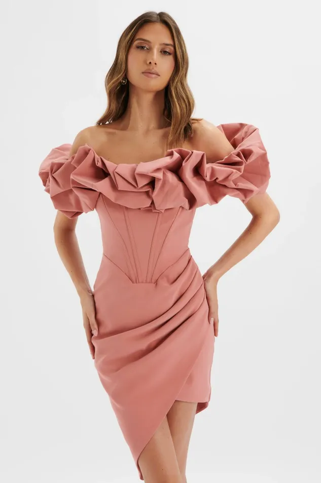 Lavish Alice Puff Sleeve Dresses LILLY Extreme Ruffle Bardot Midi Dress In Rose Pink Light Pink 8211 Women