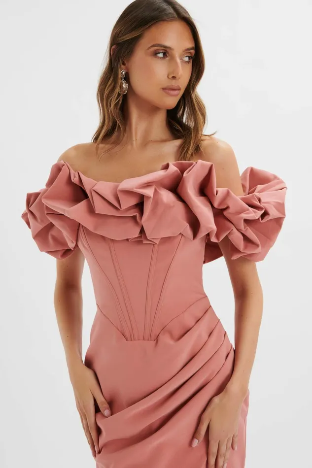 Lavish Alice Puff Sleeve Dresses LILLY Extreme Ruffle Bardot Midi Dress In Rose Pink Light Pink 8211 Women
