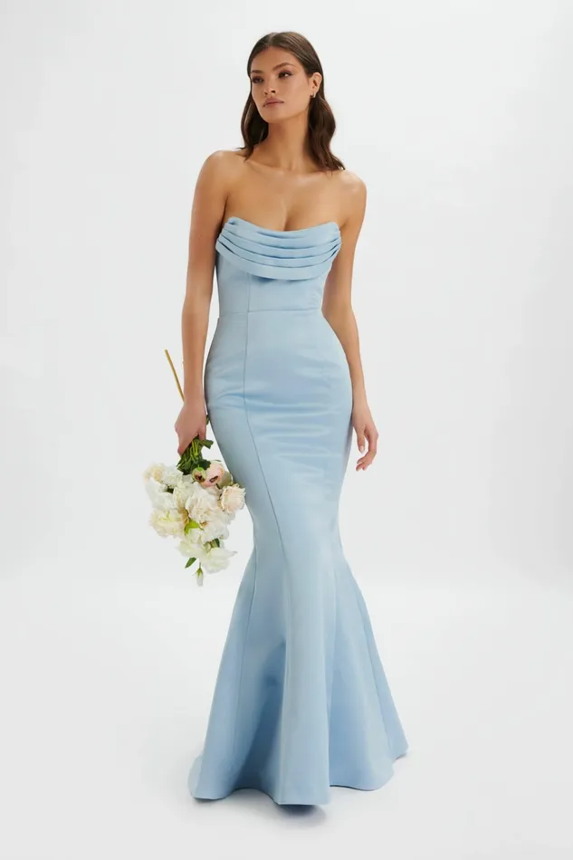 Lavish Alice Strapless and Bandeau Dresses FREYA Bonded Satin Cowl Neck Maxi Dress In Dusty Blue Dusty Blue 8211 Women