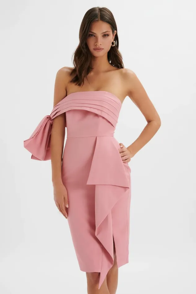 Lavish Alice Wedding Guest ATHENA Off Shoulder Bow Detail Midi Dress In Powder Pink Light Pink 8211 Women