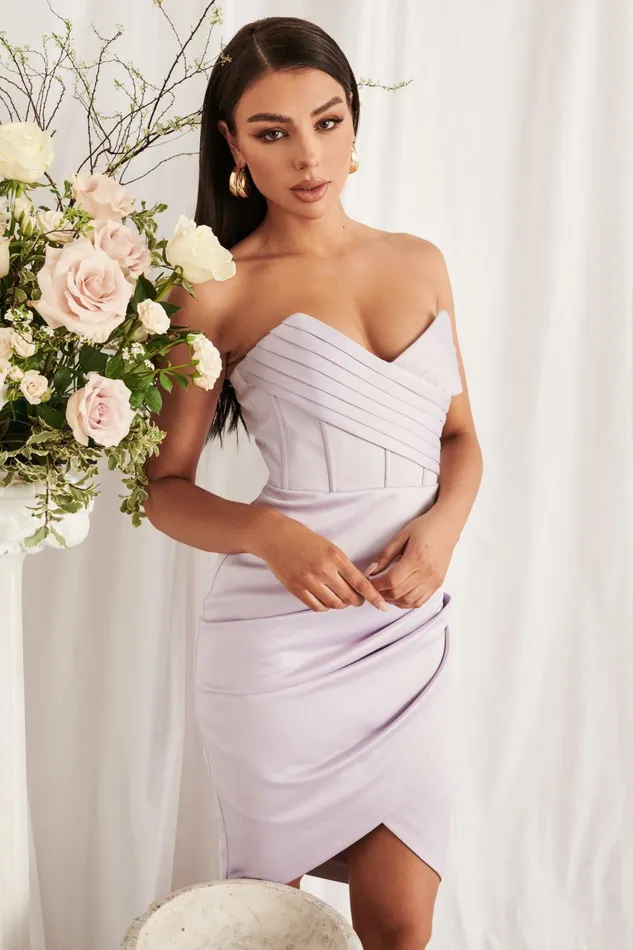 Lavish Alice Wedding Guest PIPER Satin Pleated Corset Bandeau Midi Dress In Lilac Lilac 8211 Women