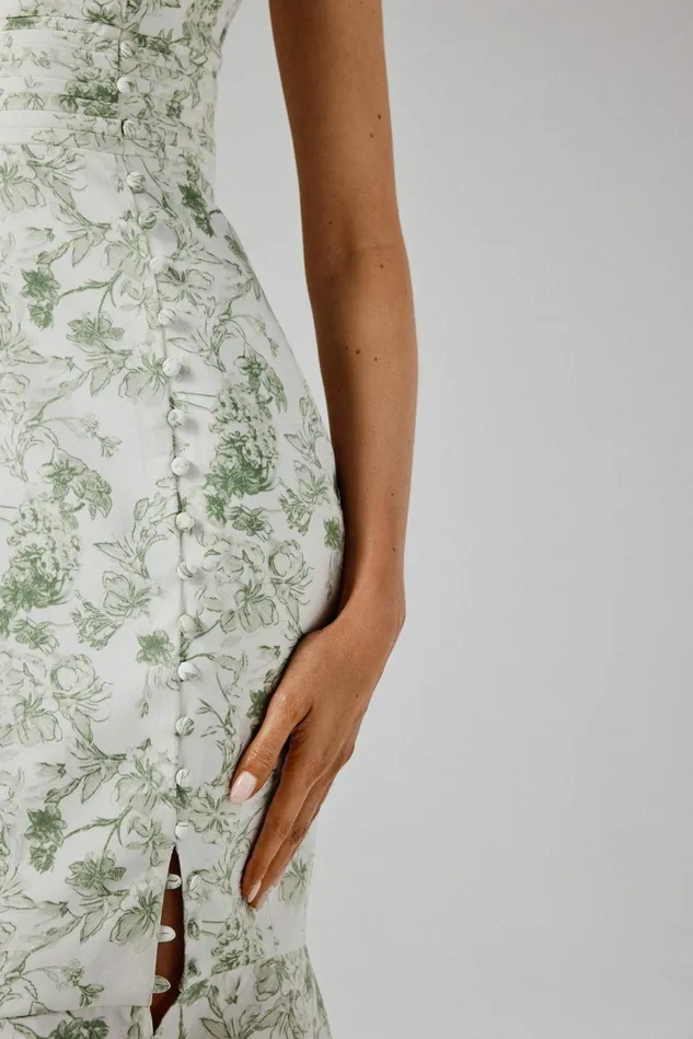 Lavish Alice Wedding Guest SAFFRON High Neck Crepe Midi Dress In Sage Porcelain Print Print 8211 Women