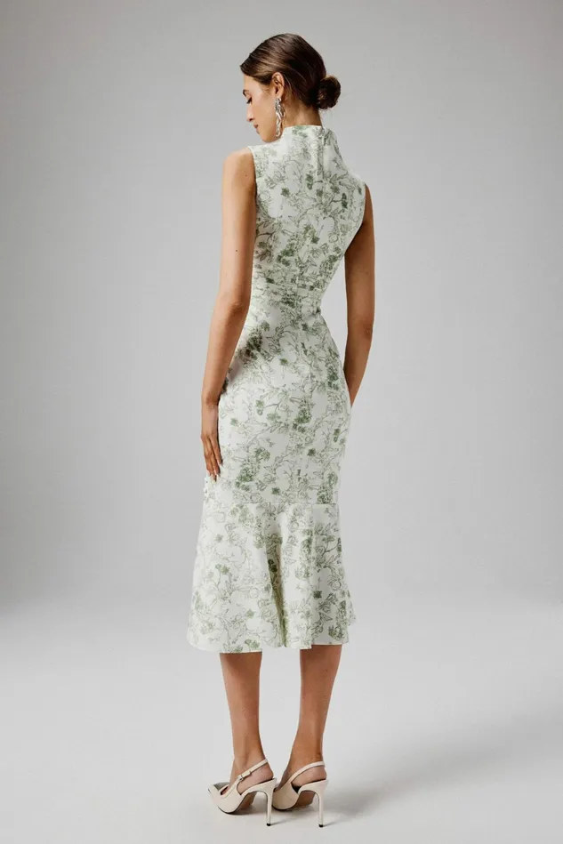 Lavish Alice Wedding Guest SAFFRON High Neck Crepe Midi Dress In Sage Porcelain Print Print 8211 Women