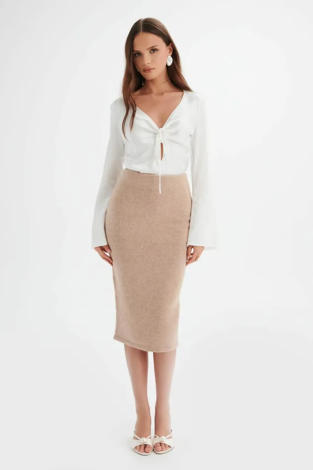 Lavish Alice Winter Knitwear MARTINA Knitted Cashmere Blend Midi Skirt In Beige Beige 8211 Women