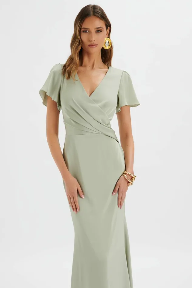 Lavish Alice Wrap Dresses BEAU Draped Wrap Satin Maxi Dress With Sleeves In Sage Green Sage Green 8211 Women Lavish Alice Wrap Dresses BEAU Draped Wrap Satin Maxi Dress With Sleeves In Sage Green Sage Green 8211 Women