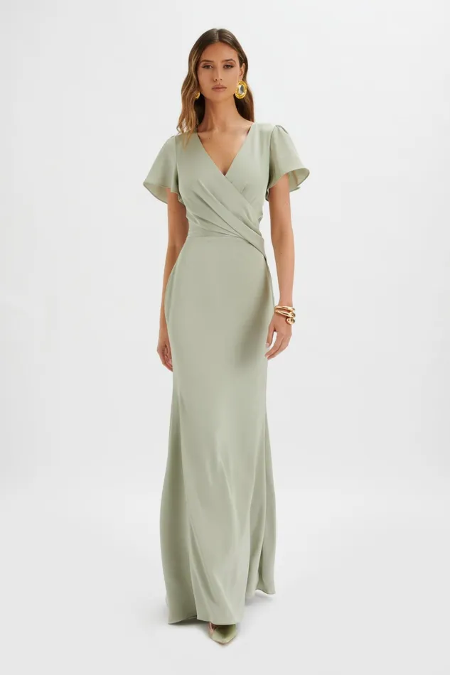 Lavish Alice Wrap Dresses BEAU Draped Wrap Satin Maxi Dress With Sleeves In Sage Green Sage Green 8211 Women