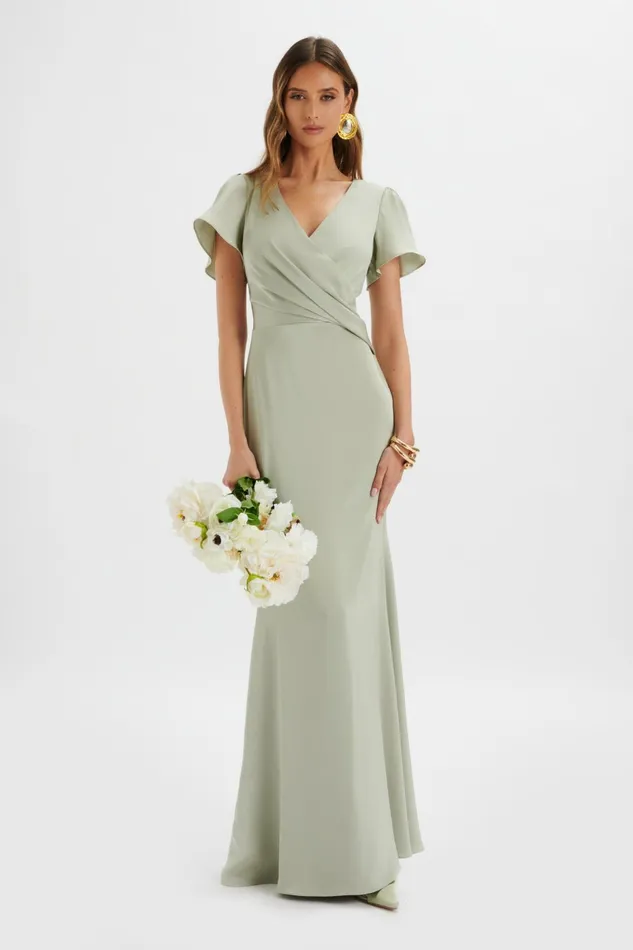Lavish Alice Wrap Dresses BEAU Draped Wrap Satin Maxi Dress With Sleeves In Sage Green Sage Green 8211 Women