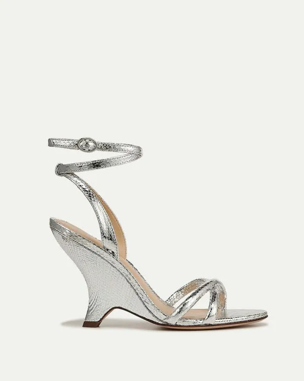 Manuela Metallic Leather Sculpted Wedge Sandal Silver Women Veronica Beard Shoes