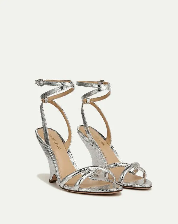 Manuela Metallic Leather Sculpted Wedge Sandal Silver Women Veronica Beard Shoes