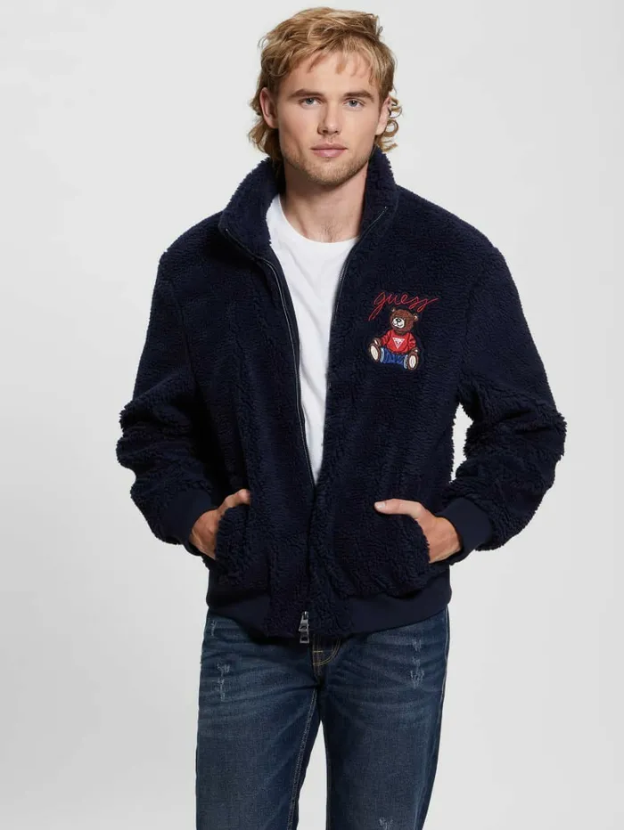 Men Bear Sherpa Jacket Bleu lgant Jackets and Coats GUESS