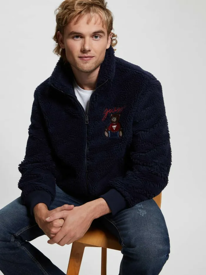 Men Bear Sherpa Jacket Bleu lgant Jackets and Coats GUESS