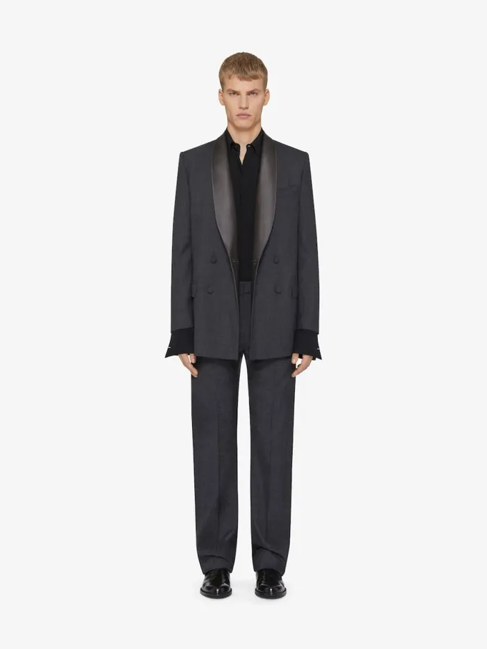 Men Coats and Jackets Givenchy Double Breasted Jacket In Wool With Satin Collar Dark Grey