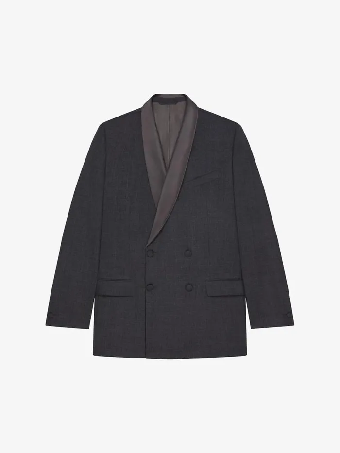Men Coats and Jackets Givenchy Double Breasted Jacket In Wool With Satin Collar Dark Grey