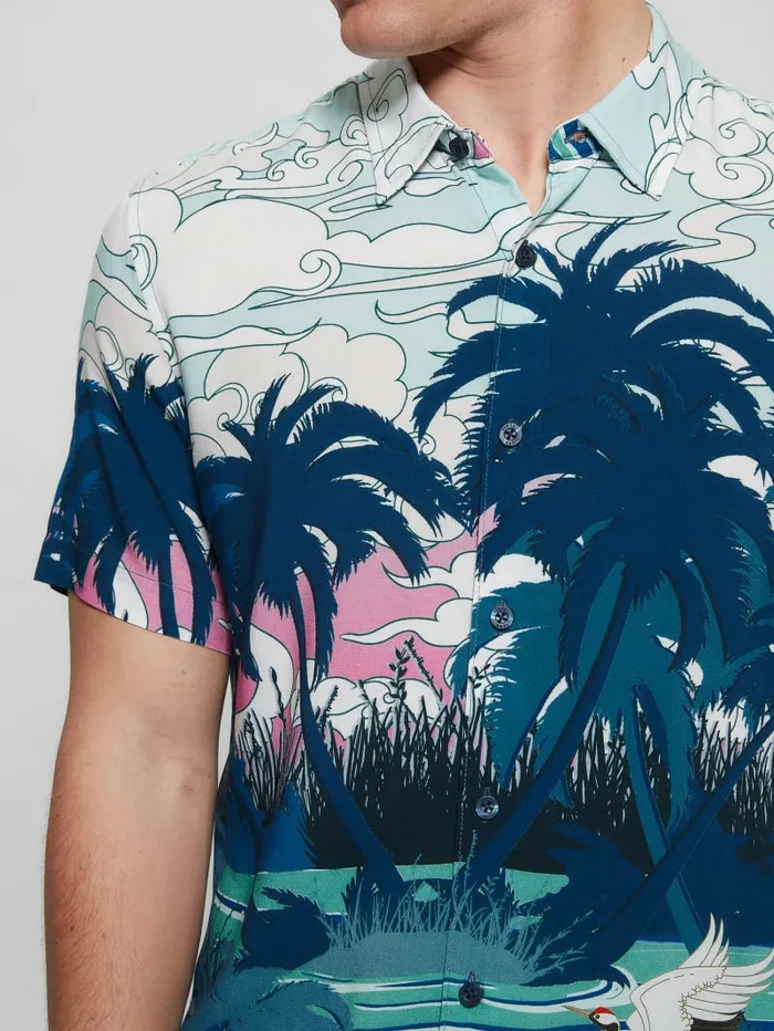 Men Eco Rayon Scenic Japan Japanese Scenic Print Shirts GUESS