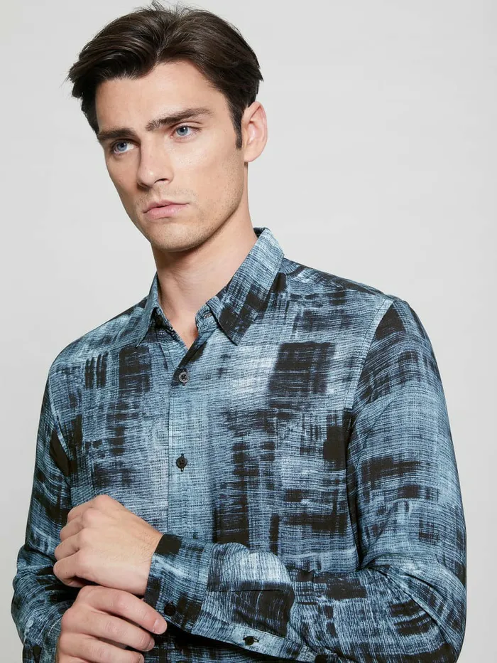 Men GUESS Eco Print Shirt Distressed Check Shirts