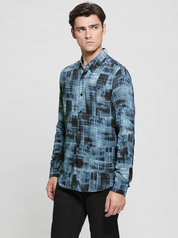 Men GUESS Eco Print Shirt Distressed Check Shirts Men GUESS Eco Print Shirt Distressed Check Shirts