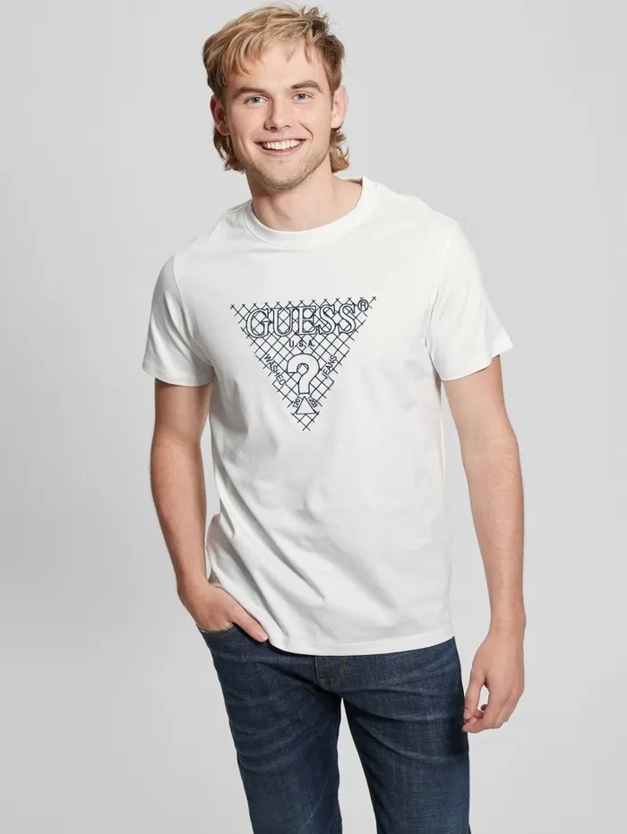 Men GUESS Eco Triangle Patch Tee Pure White TShirts and Tanks Men GUESS Eco Triangle Patch Tee Pure White TShirts and Tanks