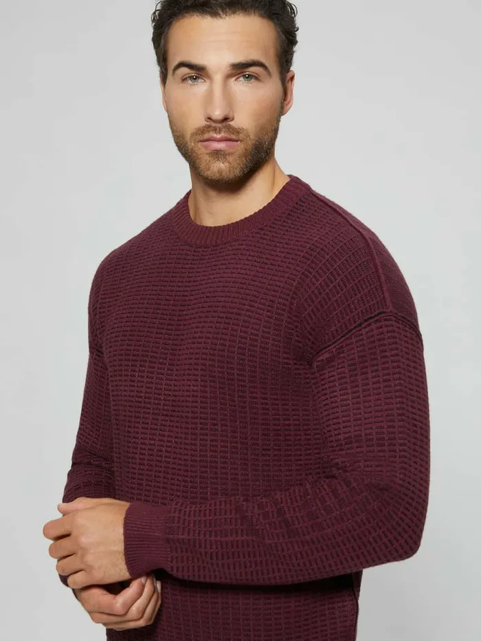 Men GUESS Eco TwoTone Waffle Sweater Jet BlackRed Noir Multi Hoodies and Sweaters