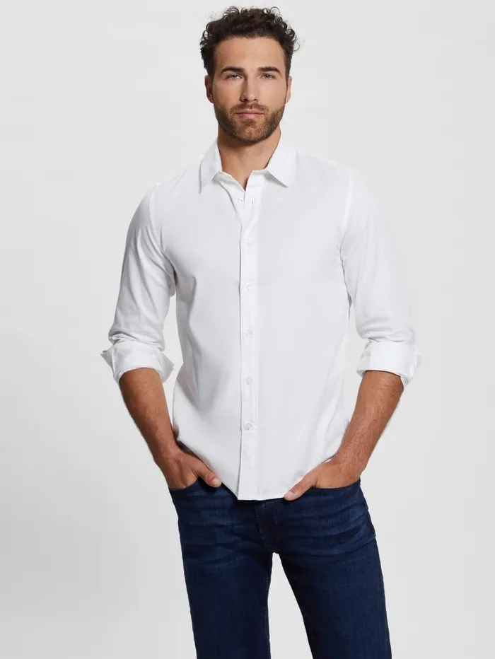 Men GUESS Luxe Stretch Shirt Pure White Shirts